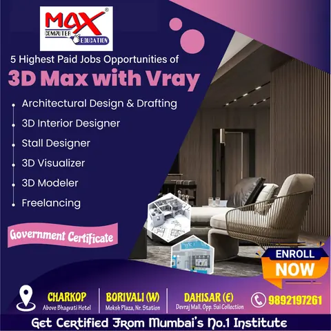 3D Max with Vray course poster listing the five highest-paid interior design and visualization jobs.