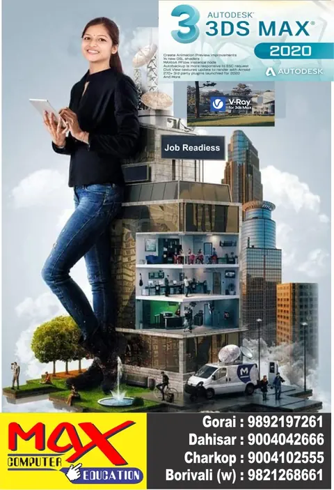 3DS Max 2020 with V-Ray course poster promoting job-ready skills with branch phone numbers listed.