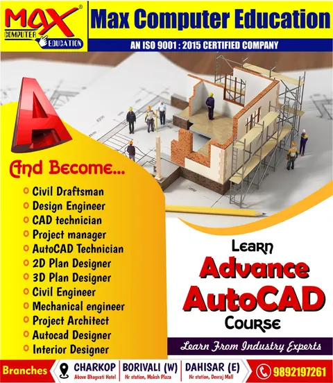 Advance AutoCAD course poster listing careers such as CAD technician, design engineer and architect.