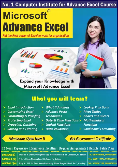 Advance Excel course poster with a detailed what-you-will-learn list and all three branch addresses.