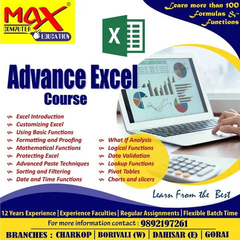 Advance Excel course poster listing topics such as pivot tables, lookup functions and charts.