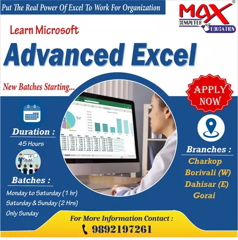 Advanced Excel course poster showing batch timings, duration and branch locations to apply.