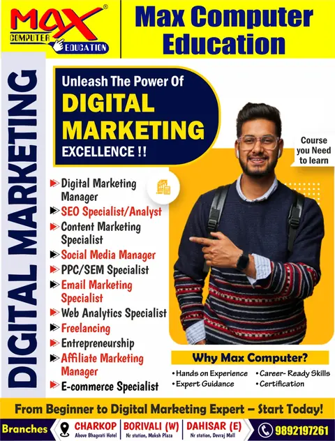 Digital Marketing course poster listing career roles like SEO specialist and social media manager.