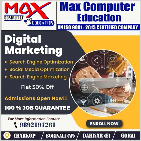 Digital Marketing course poster highlighting SEO, SMO and SEM training with an admissions offer.