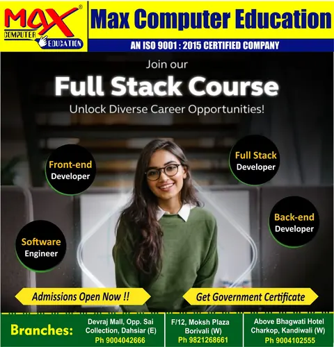 Full Stack course poster listing front-end, back-end and full-stack developer career opportunities.