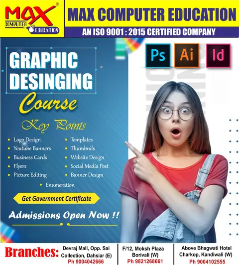 Graphic Designing course poster listing logo design, banners, thumbnails and other key topics taught.