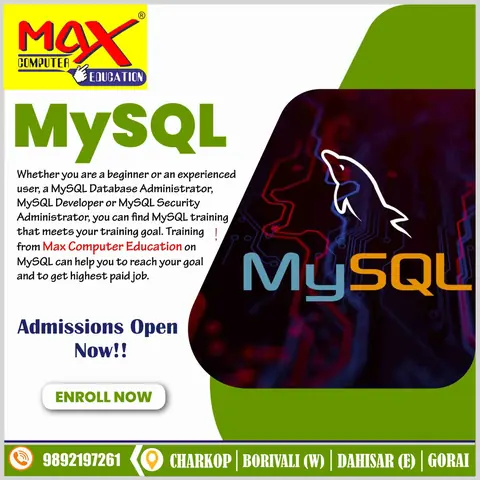 MySQL course poster for database administrator, developer and security administrator career paths.
