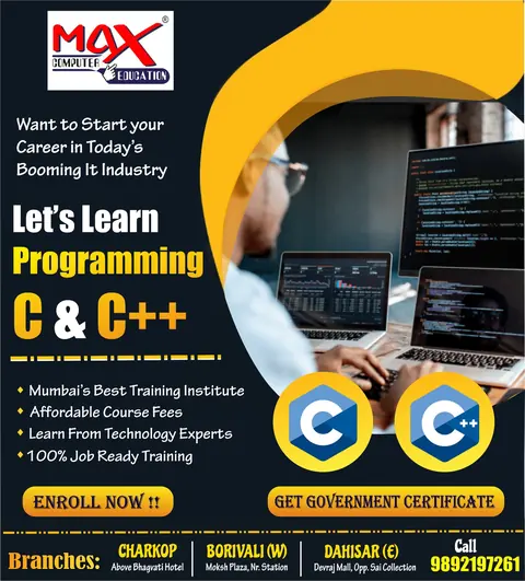 Programming course poster for C and C++ listing affordable fees and 100% job-ready training.