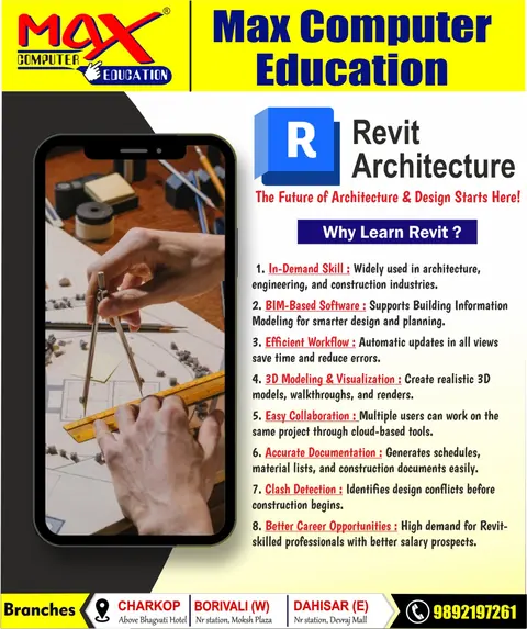 Revit Architecture course poster explaining BIM modeling, 3D visualization and clash detection.
