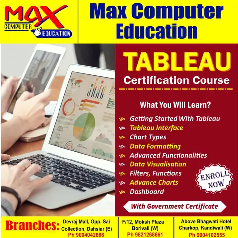 Tableau course poster listing topics such as chart types, data formatting and dashboard building.