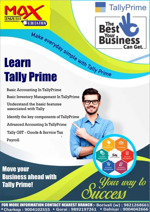 Tally Prime course poster listing basic accounting, inventory management, GST and payroll topics.