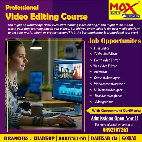 Video Editing course poster listing job opportunities such as film editor, animator and videographer.