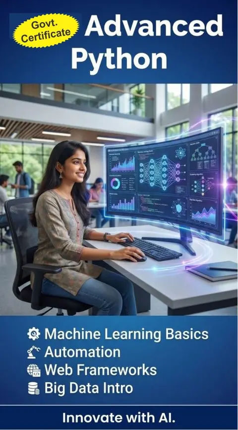 Advanced Python course poster: machine learning basics, automation, web frameworks and big data introduction