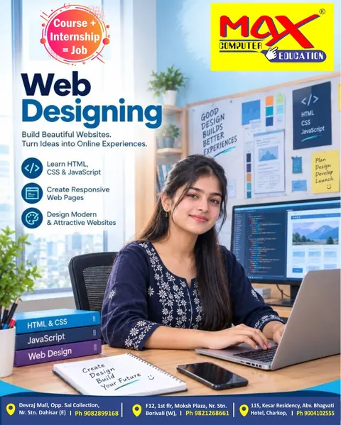 Web Designing course poster: learn HTML, CSS and JavaScript, create responsive web pages and design modern websites